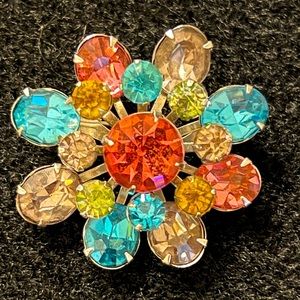 Absolutely gorgeous “fruit salad” stamped Coro rhinestones brooch.